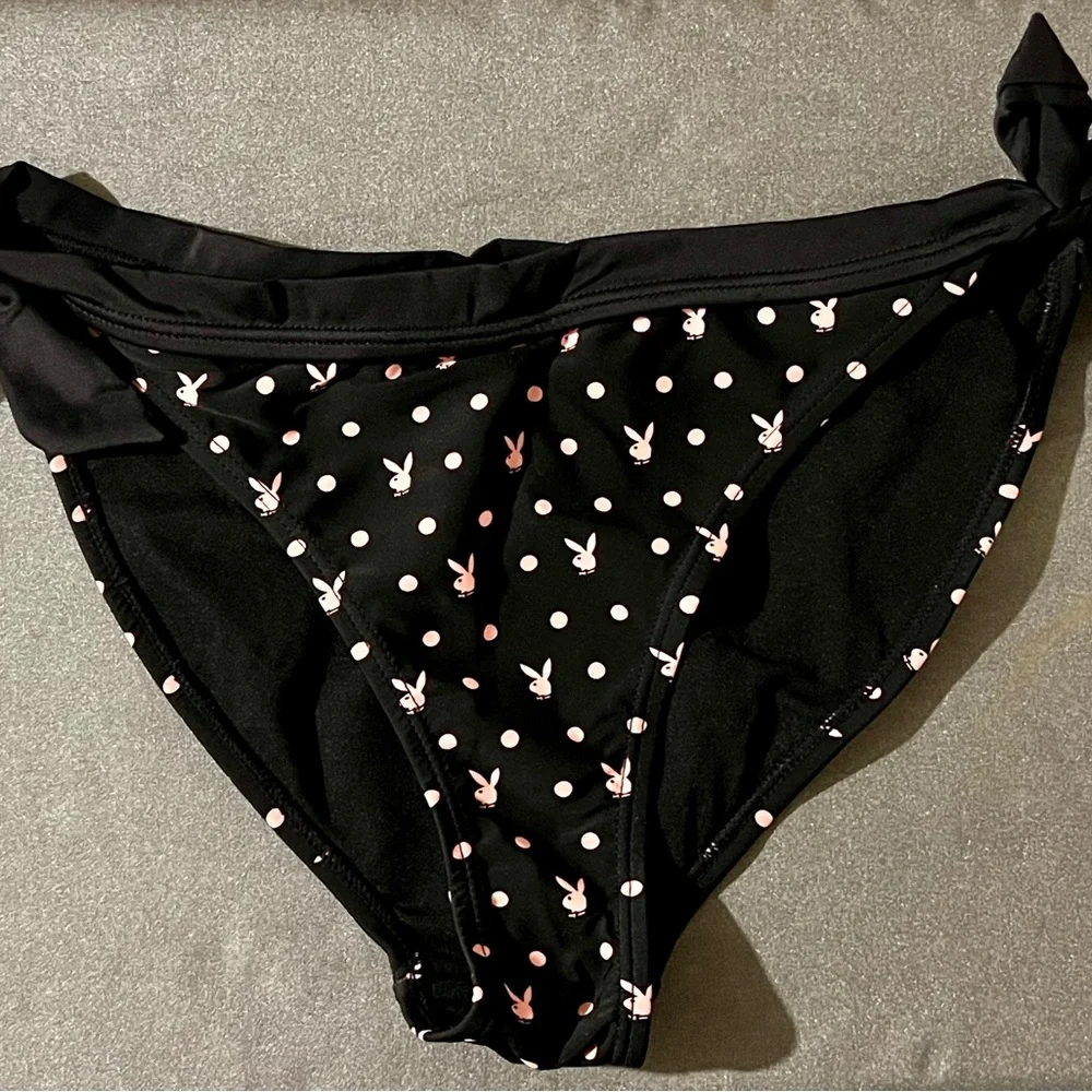Playboy Black Polka Dot Bikini Set Size XL – Tie Sides & Bow Detail - Picture 6 of 12